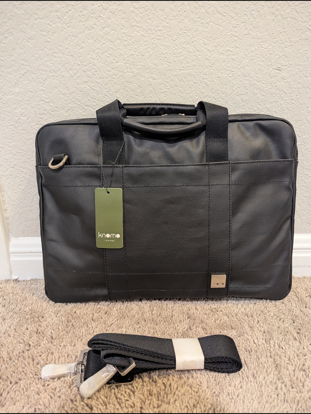 Knomo Black Canvas & Leather Briefcase with Removable Strap